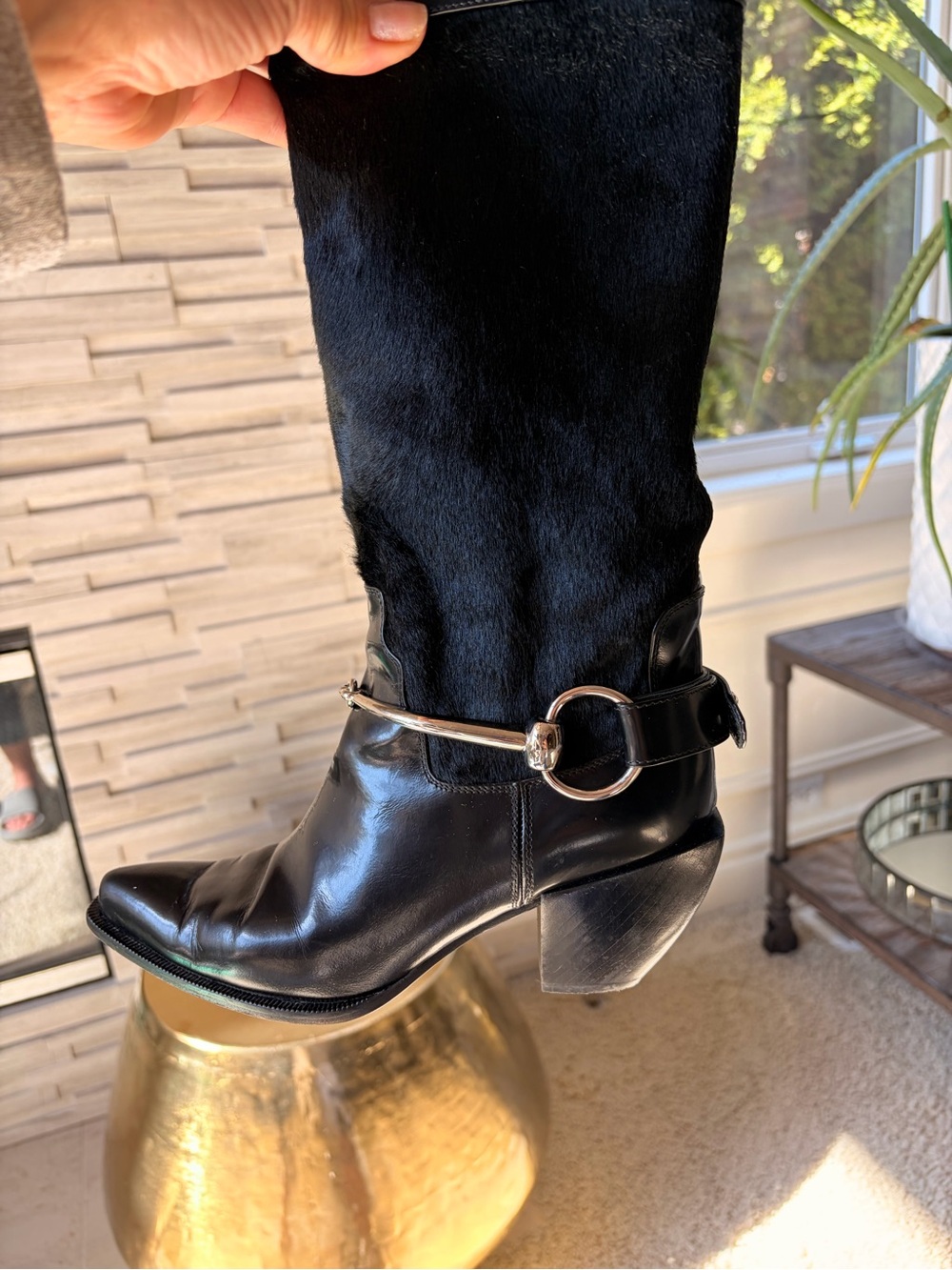 Donald J. Pliner Black Mid-Calf Leather and Cowhide Heeled Boots - Picture 8 of 10